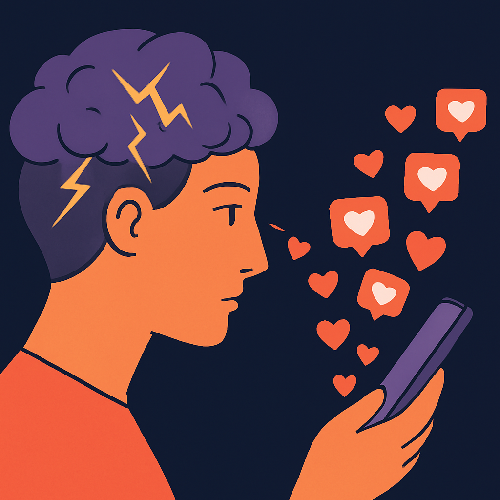 Illustration of a person with a stormy brain staring at a phone streaming hearts and likes